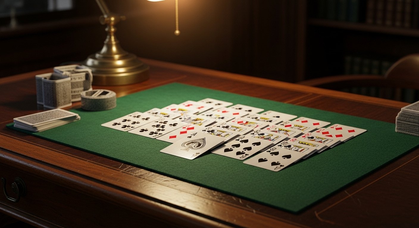 A person playing classic Solitaire games on a green felt table focusing on strategic card placement